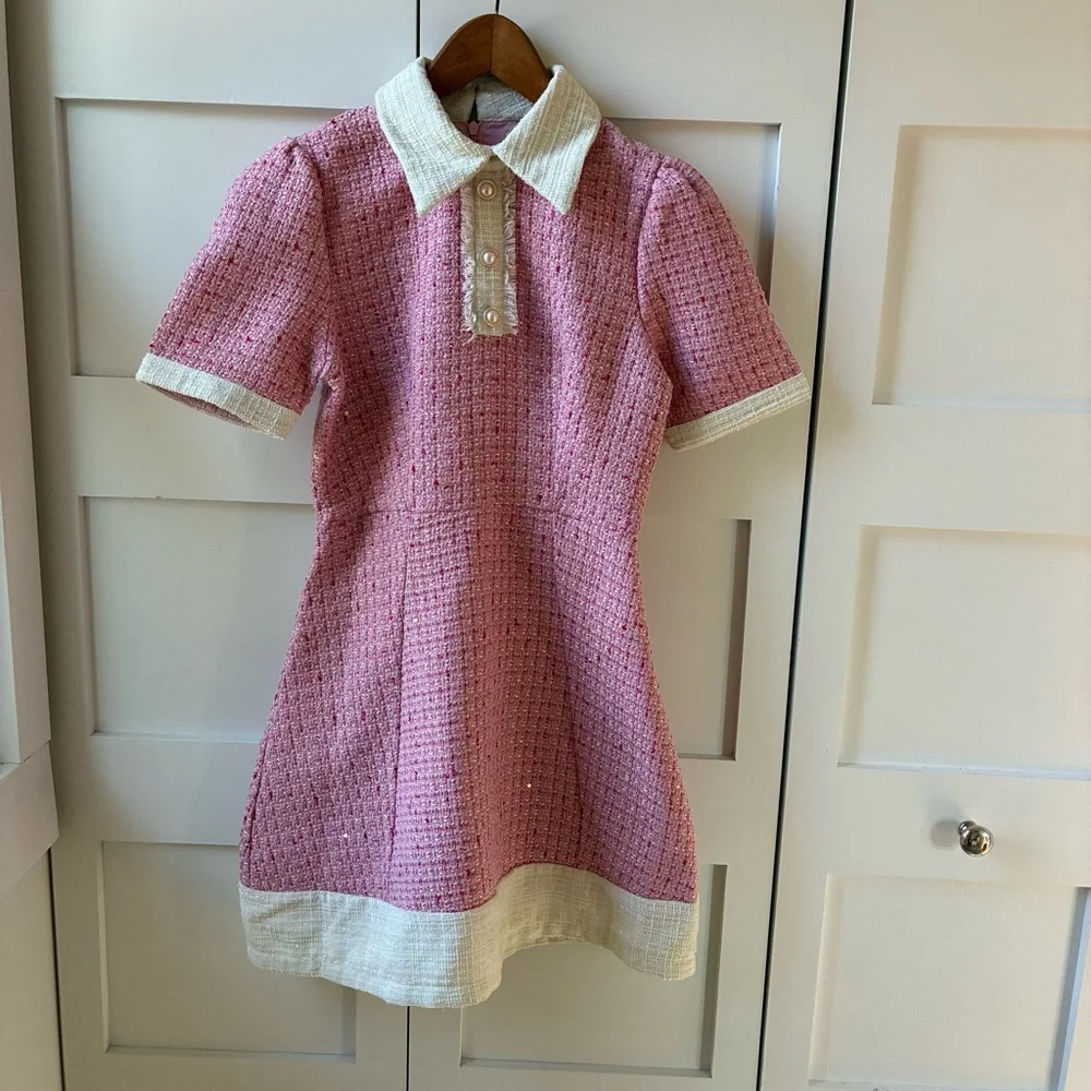 Pink Tweed Collared Dress With Pearl Buttons - Picture 2 of 8